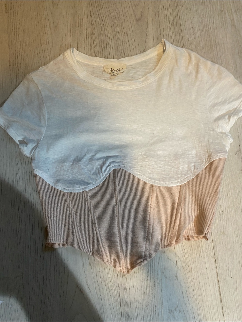 meraki White and Blush Scalloped Hem Crop Top
